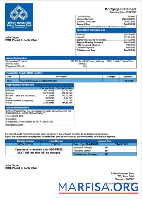 Realistic Indian Overseas Bank mortgage statement Word and PDF template